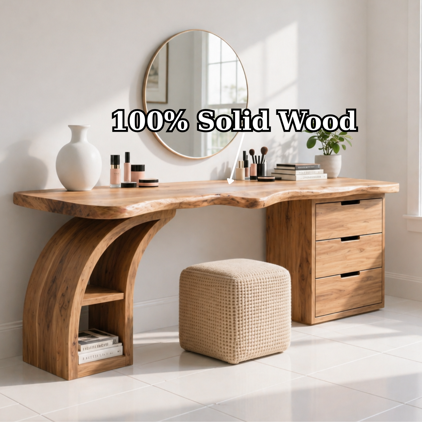 Solid Wood Makeup Vanity Desk with Live Edge Top and Curved Sculptural Base