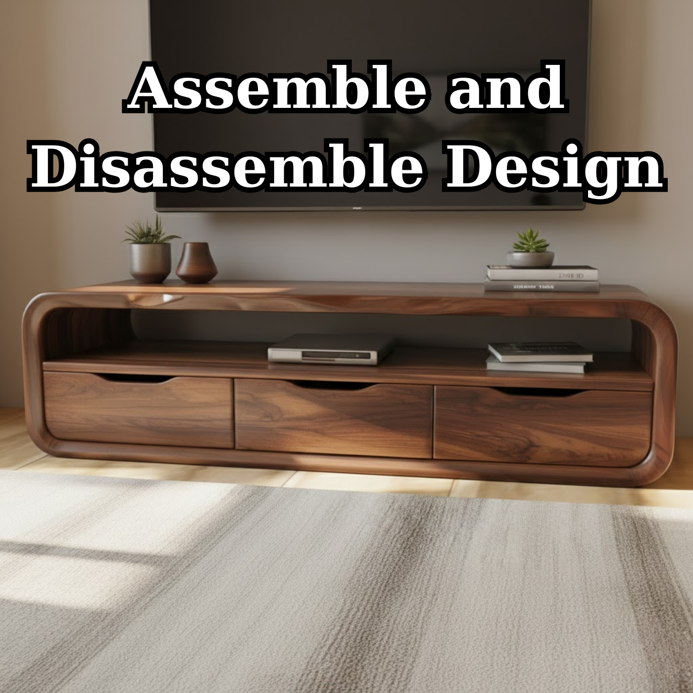 Luxury Curved Solid Wood TV Stand with Open Shelf and Drawer Storage