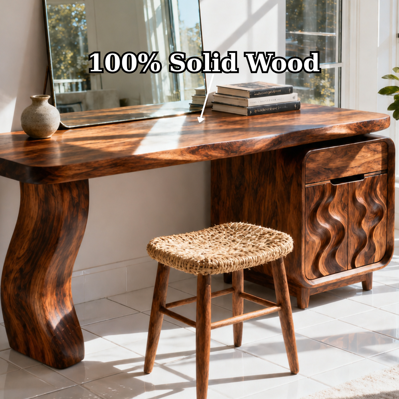 Luxury Solid Wood Makeup Vanity Desk with Sculptural Base and Wave Door Cabinet