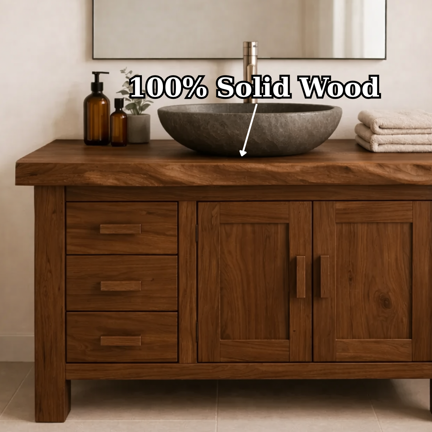 Rustic Solid Wood Bathroom Vanity Cabinet with Drawers and Double Door Storage