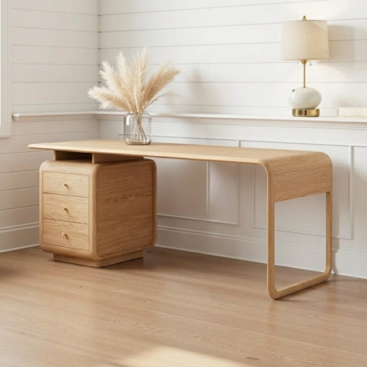 Modern Waterfall Desk with Drawers, Minimalist Home Office Writing Table