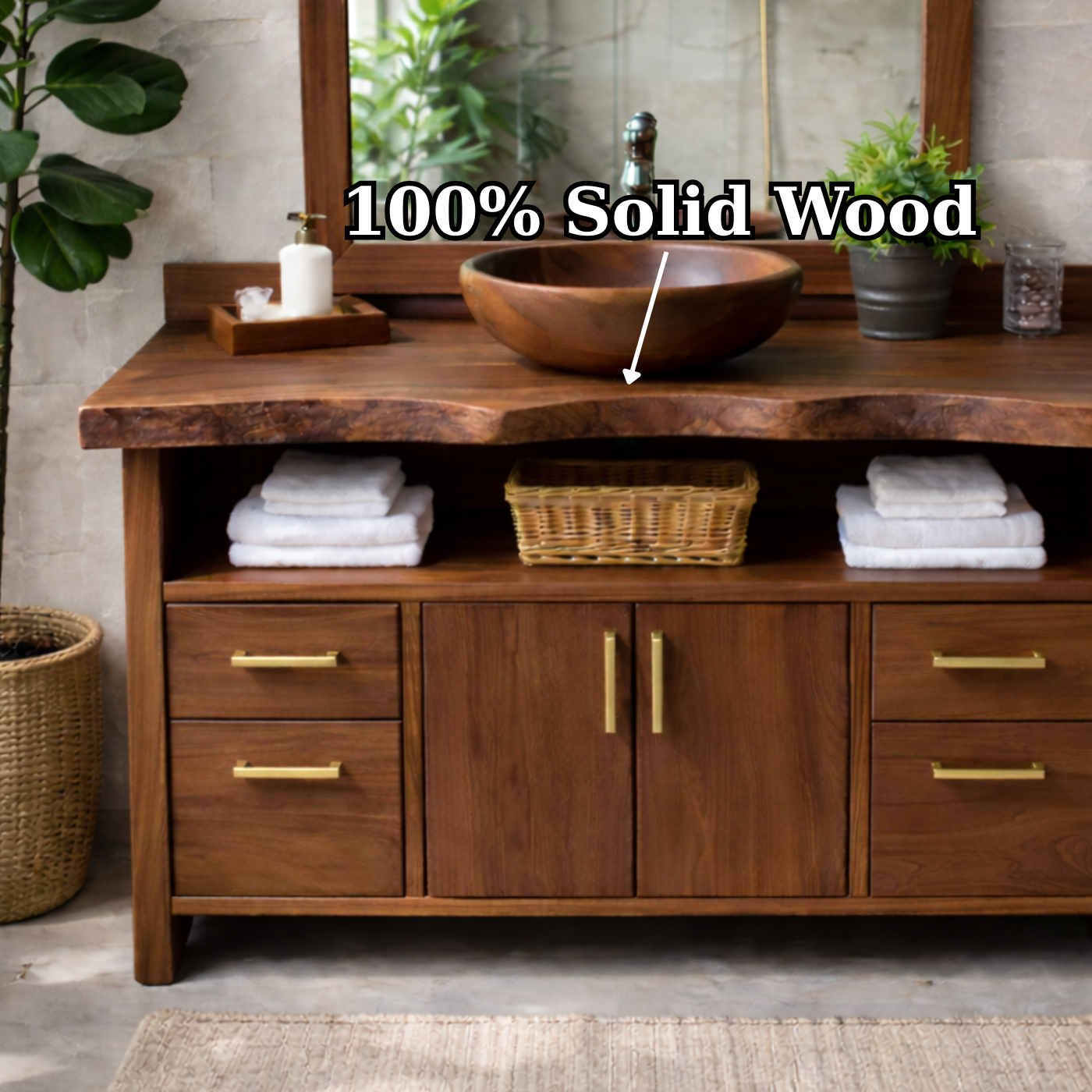 Live Edge Solid Wood Bathroom Vanity with Four Drawers, Double Cabinet Doors and Open Shelf
