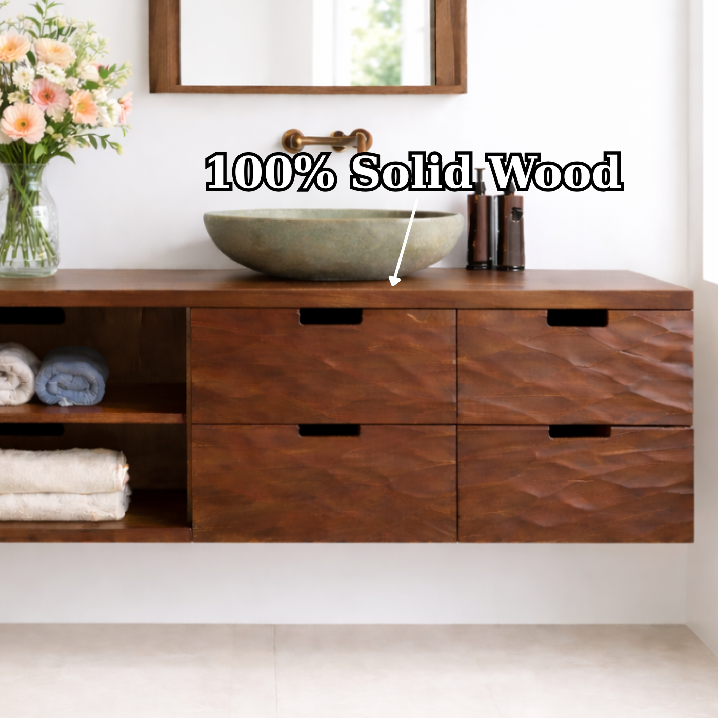 Floating Solid Wood Bathroom Vanity with Textured Drawer Fronts and Open Shelf – Modern Rustic Wall Mounted Vanity