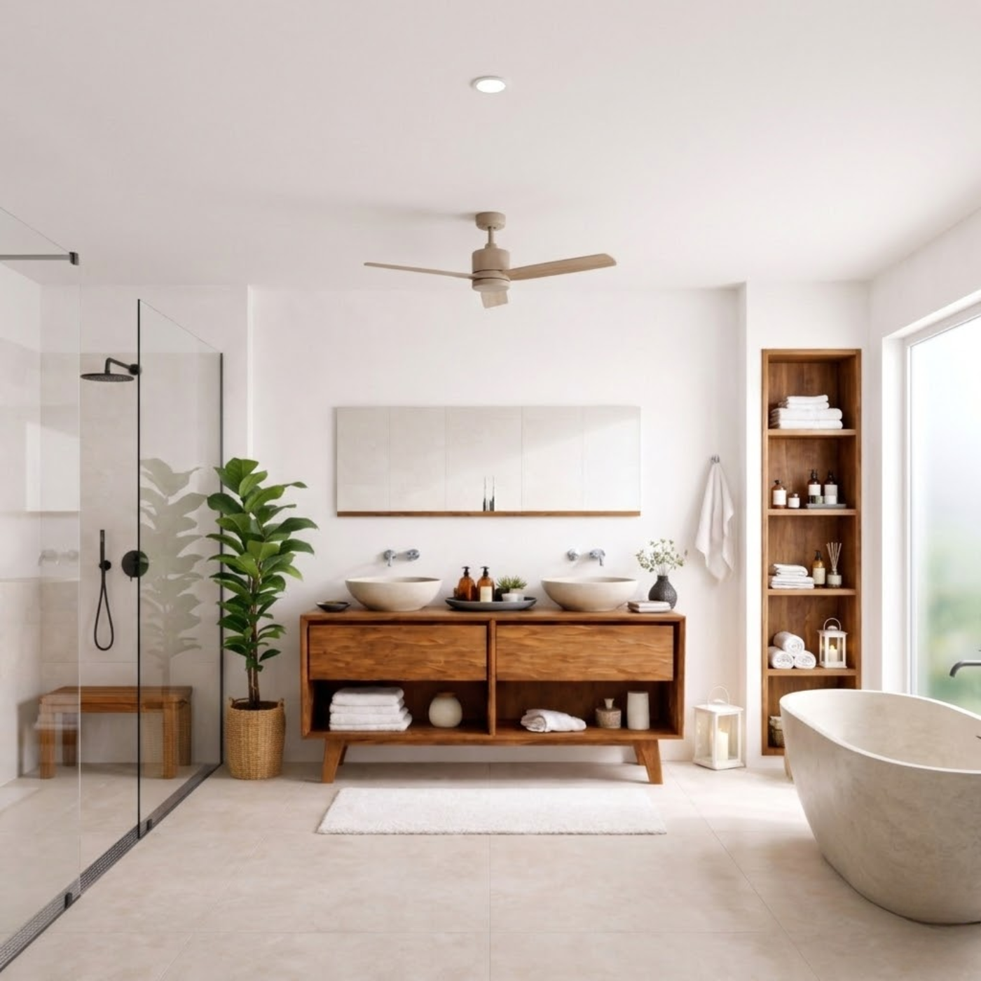 Mid-Century Solid Wood Double Bathroom Vanity with Sculpted Wave Drawer Fronts and Open Storage
