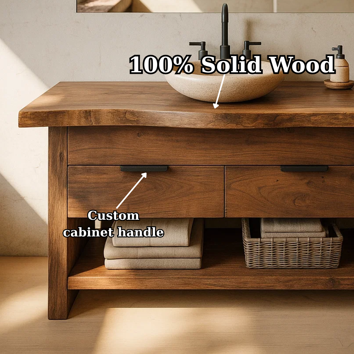 Modern Solid Wood Bathroom Vanity with Double Drawers and Open Bottom Shelf