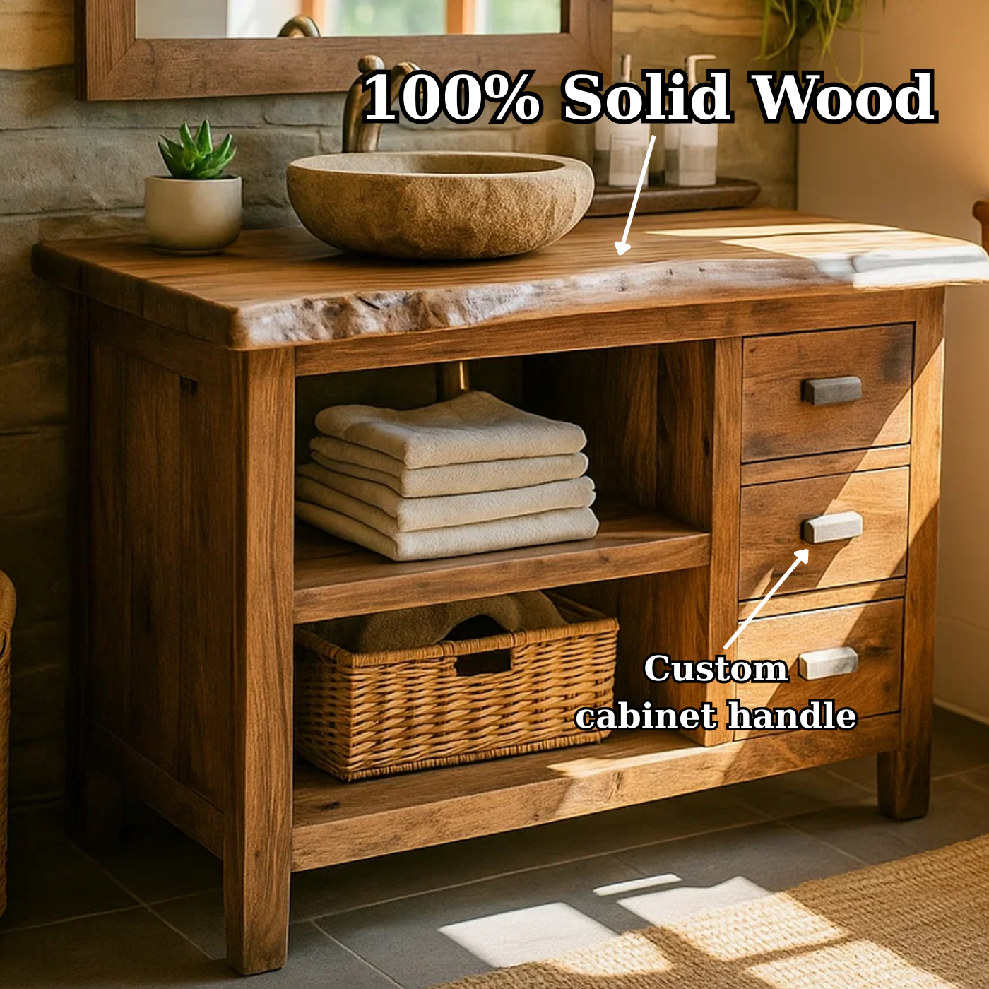 Rustic Solid Wood Live Edge Bathroom Vanity with Open Shelf and Three Drawers