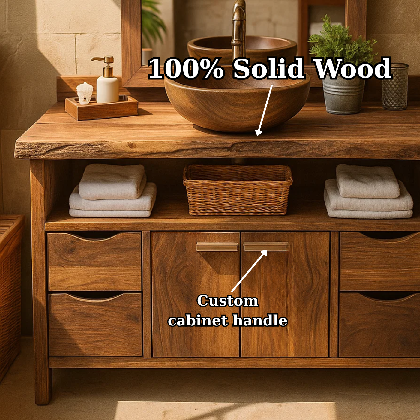 Rustic Solid Wood Bathroom Vanity Cabinet with Multi-Drawer Storage and Open Shelf