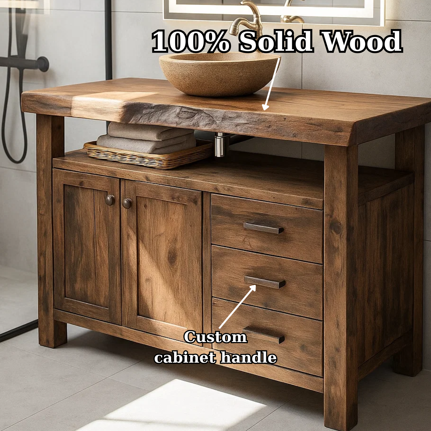 Rustic Solid Wood Bathroom Vanity with Double Door Cabinet and Three Drawers