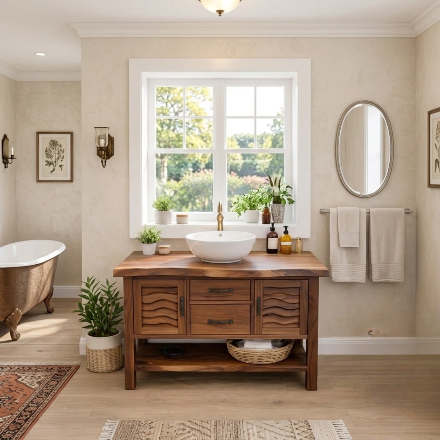 Solid Wood Bathroom Vanity with Sculpted Wave Doors and Open Shelf