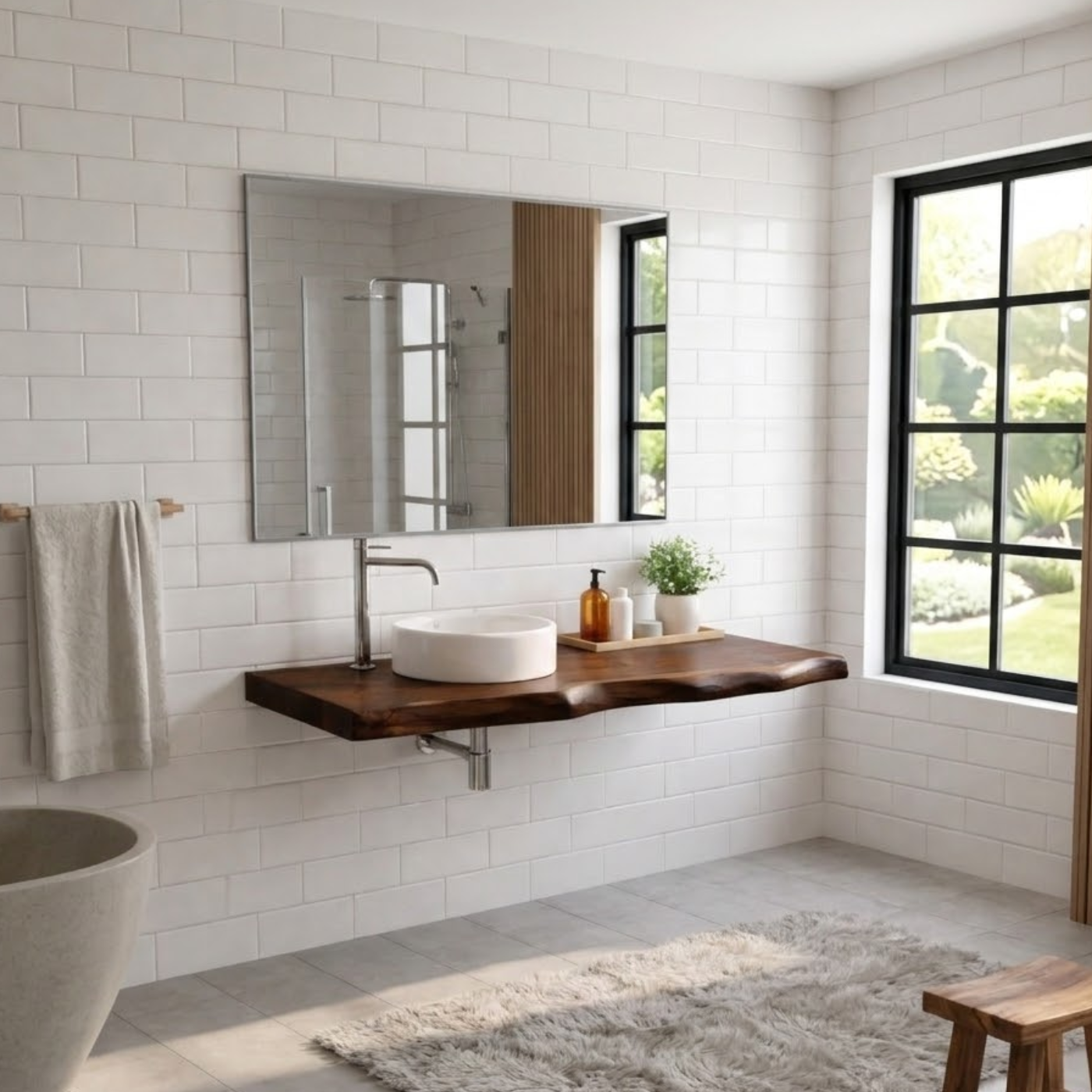 Floating Live Edge Solid Wood Bathroom Vanity Top – Rustic Wall Mounted Wood Countertop