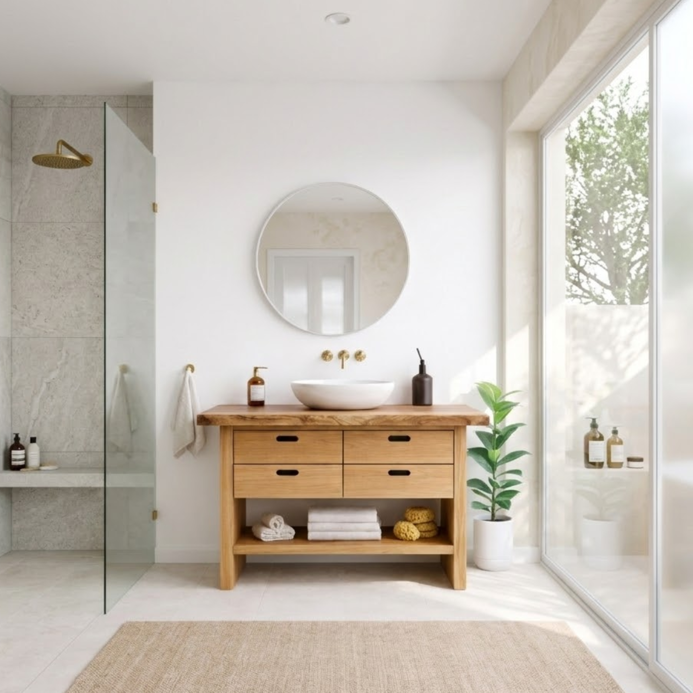 Solid Wood Bathroom Vanity Cabinet with Live Edge Top, 4 Drawers and Open Storage Shelf