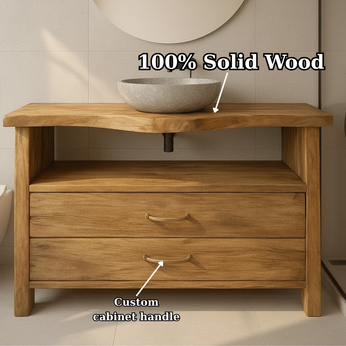 Live Edge Solid Wood Bathroom Vanity with 2 Drawers and Open Shelf for Contemporary Farmhouse Bathrooms