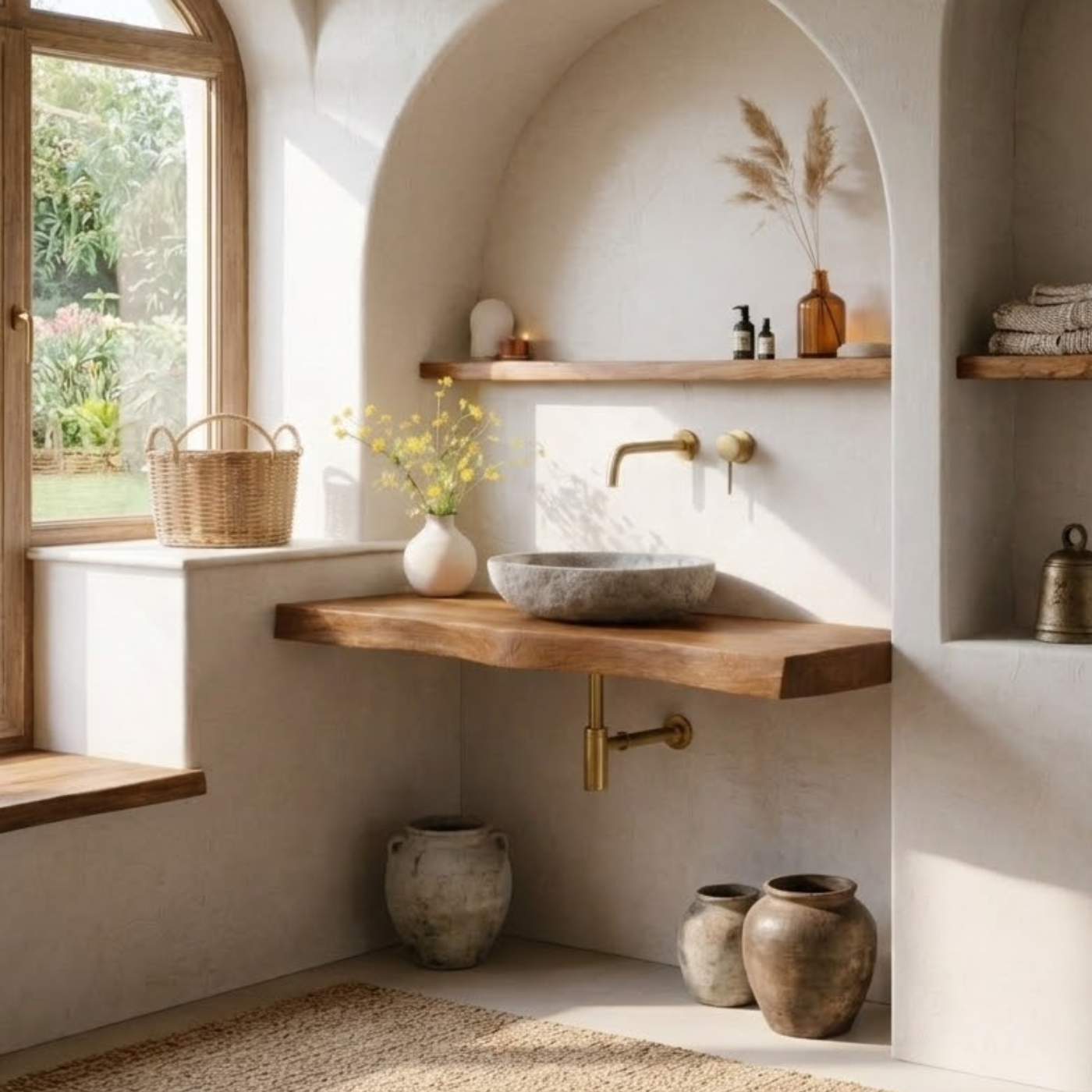 Solid Wood Floating Bathroom Vanity Shelf with Rustic Natural Finish