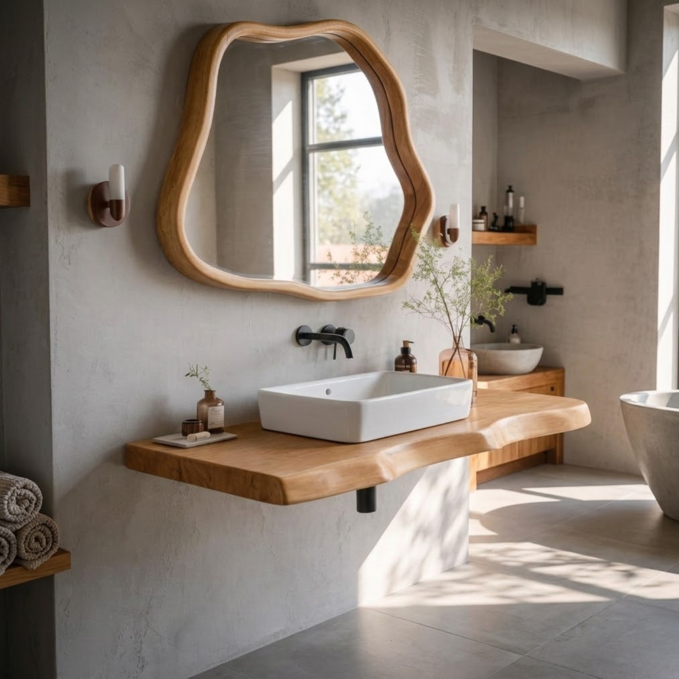 Live Edge Oak Floating Bathroom Vanity Shelf with Natural Finish