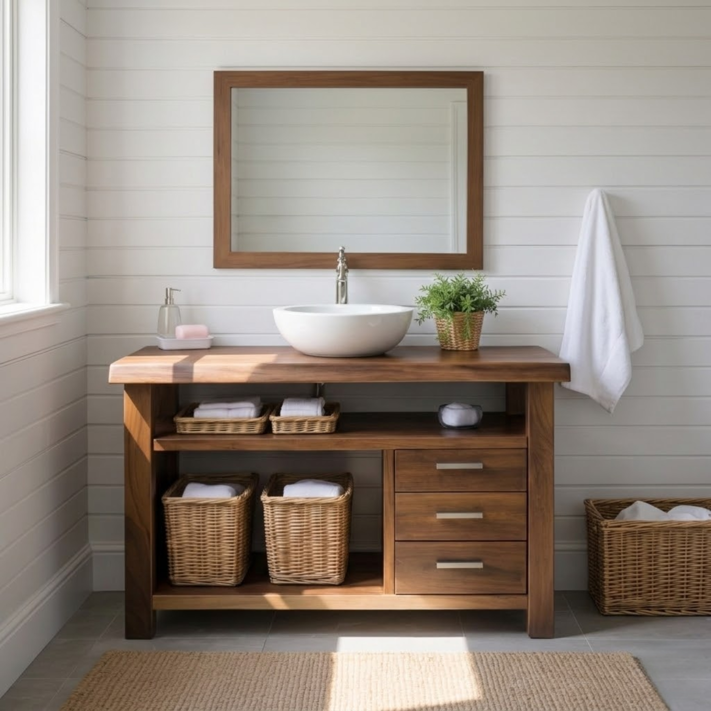 Handcraft Solid Wood Bathroom Vanity with Drawers and Open Shelf Storage