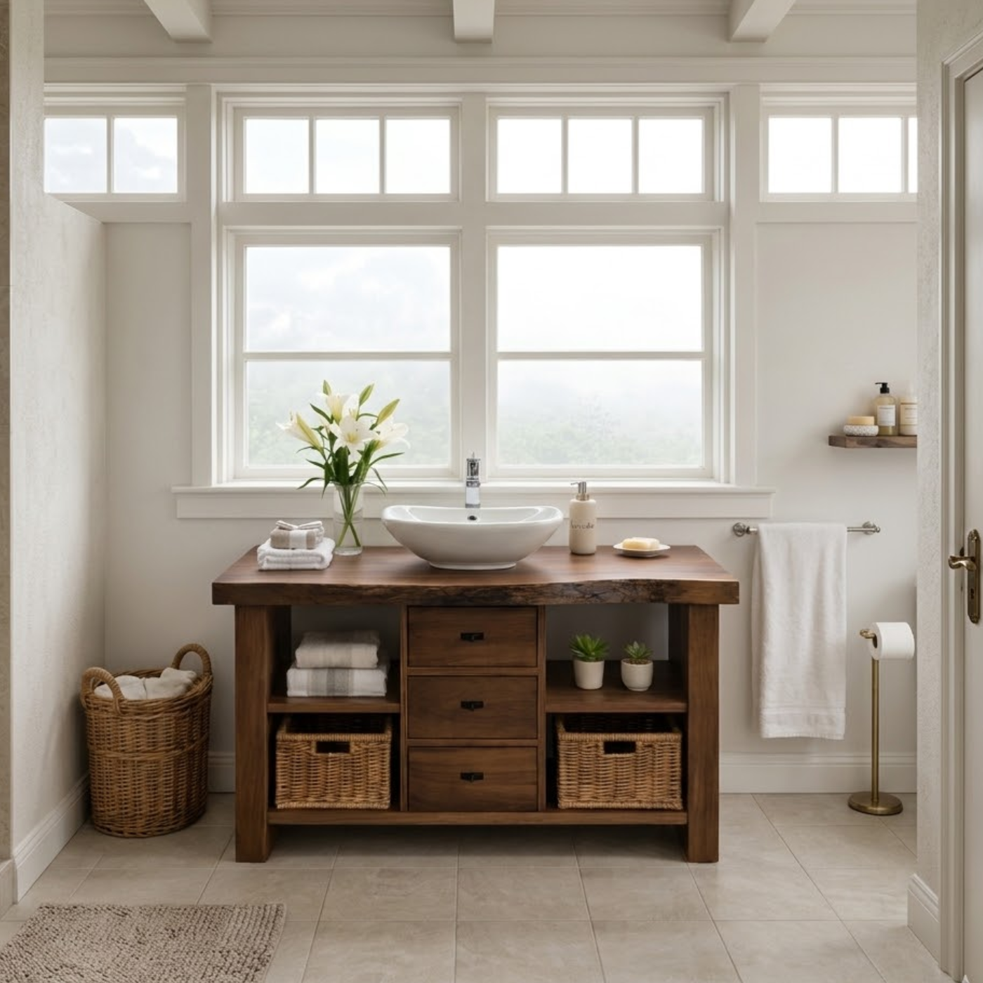 Rustic Walnut Bathroom Vanity with Drawers and Storage for Modern Bathrooms