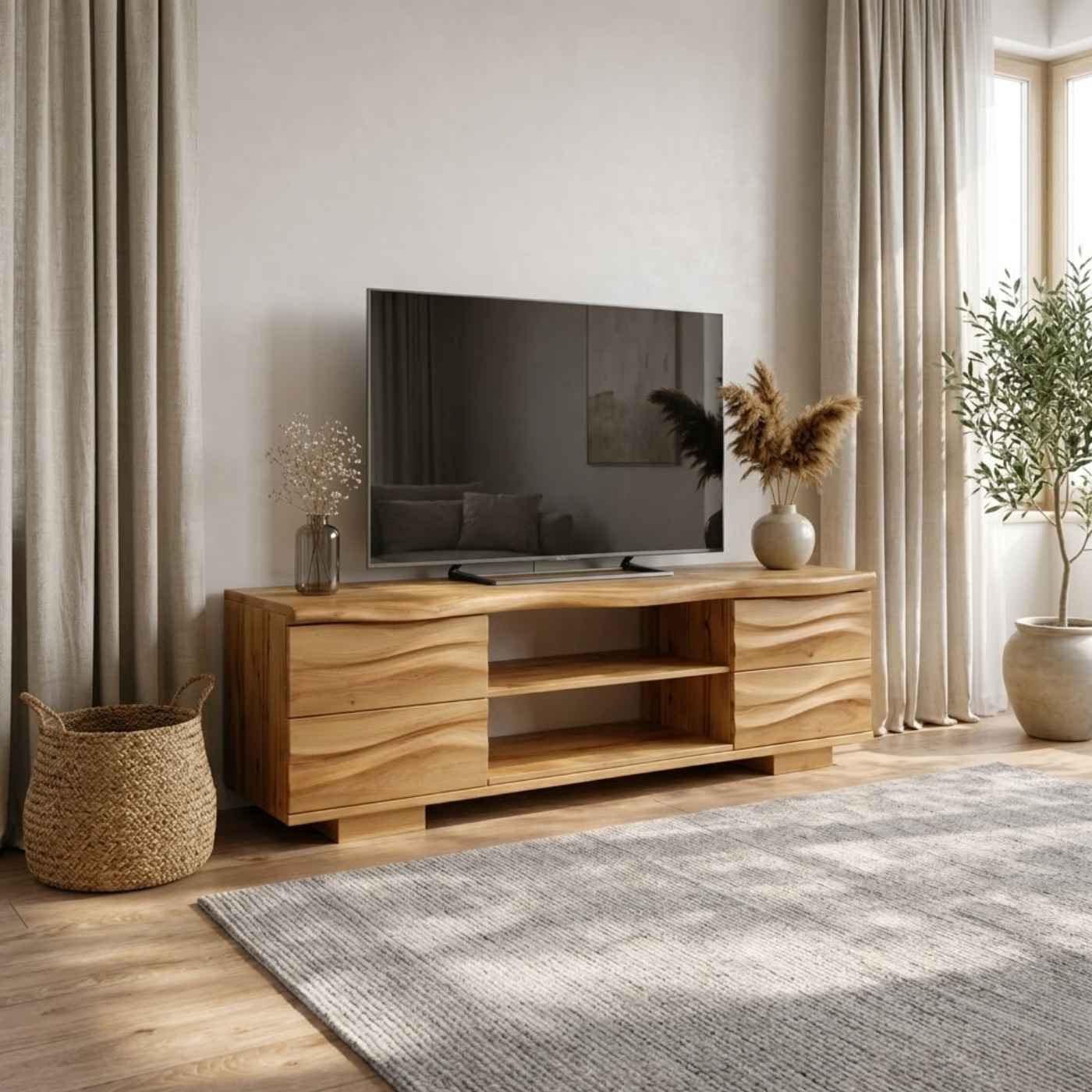 Solid Wood TV Stand with Drawers and Open Shelves for Natural Style Interiors