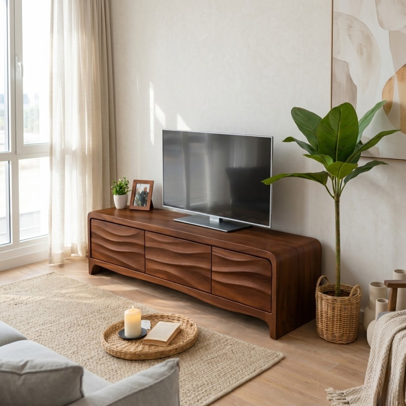 Solid Wood TV Stand with Wave Front Drawers for Modern Living Spaces