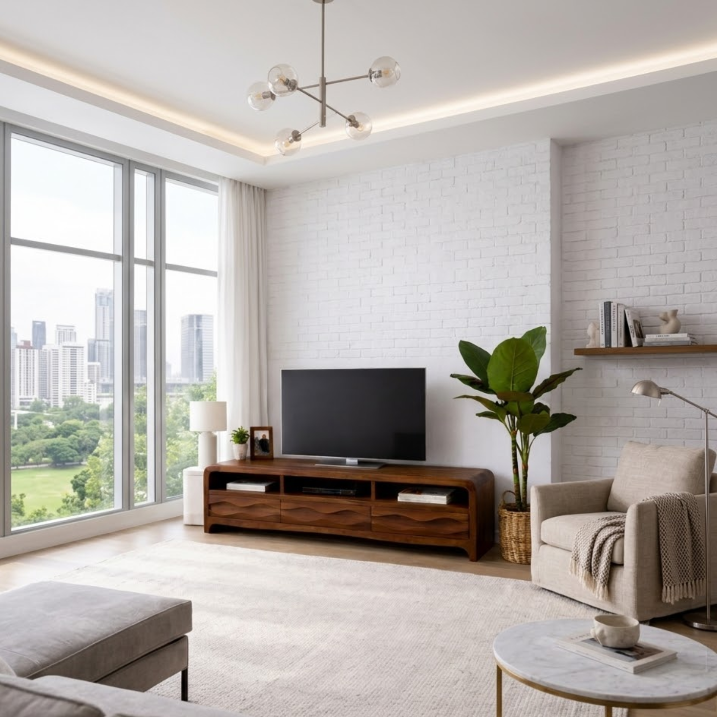 Solid Wood TV Stand with Wave-Front Drawers and Open Shelf for Stylish Living Spaces