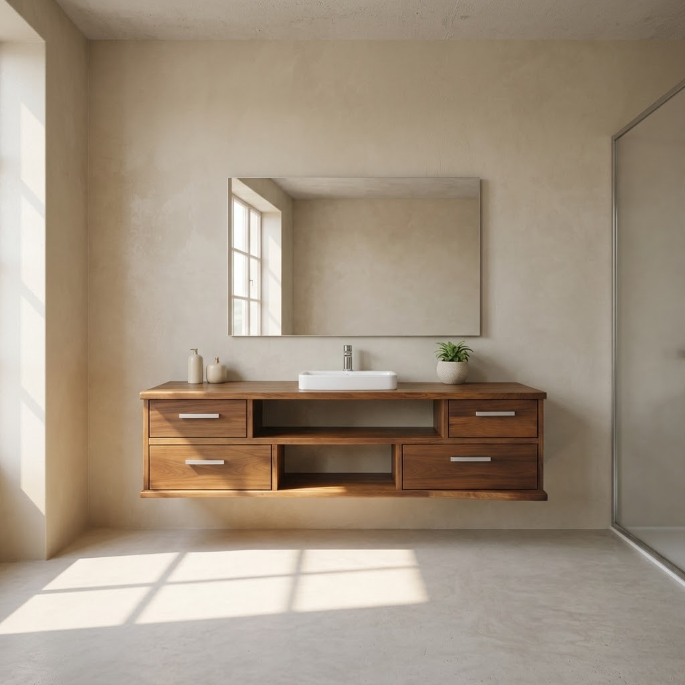 Floating Solid Wood Bathroom Vanity with Drawers and Open Shelf for Modern Bathrooms
