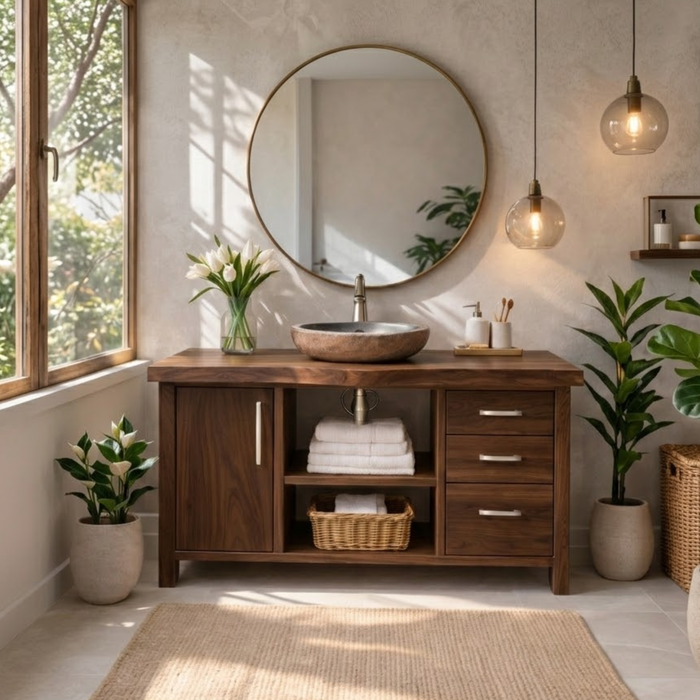Modern Solid Wood Bathroom Vanity with Side Cabinet, Three Drawers and Open Display Shelving