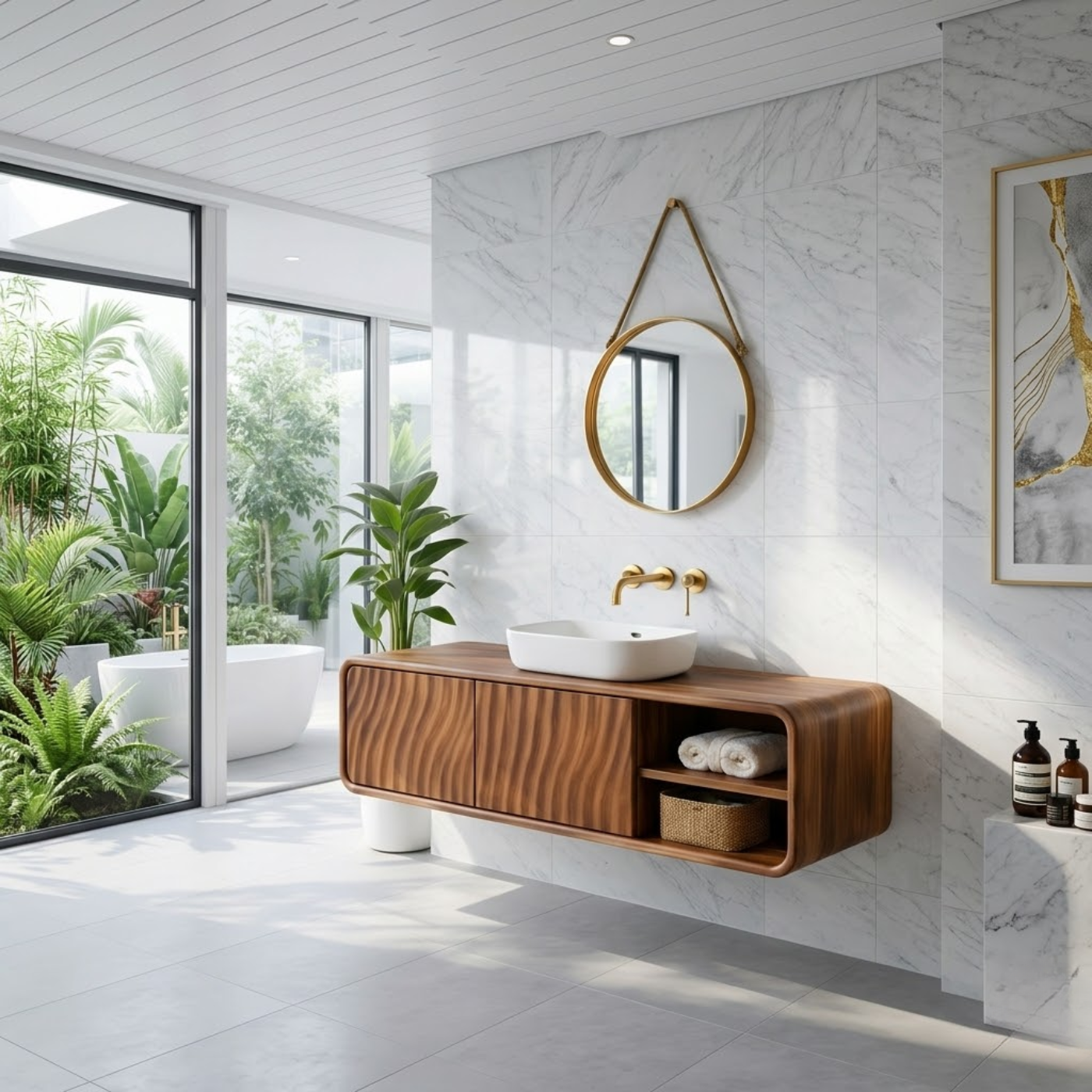 Modern Floating Solid Wood Bathroom Vanity with Wave Grain Cabinet Doors