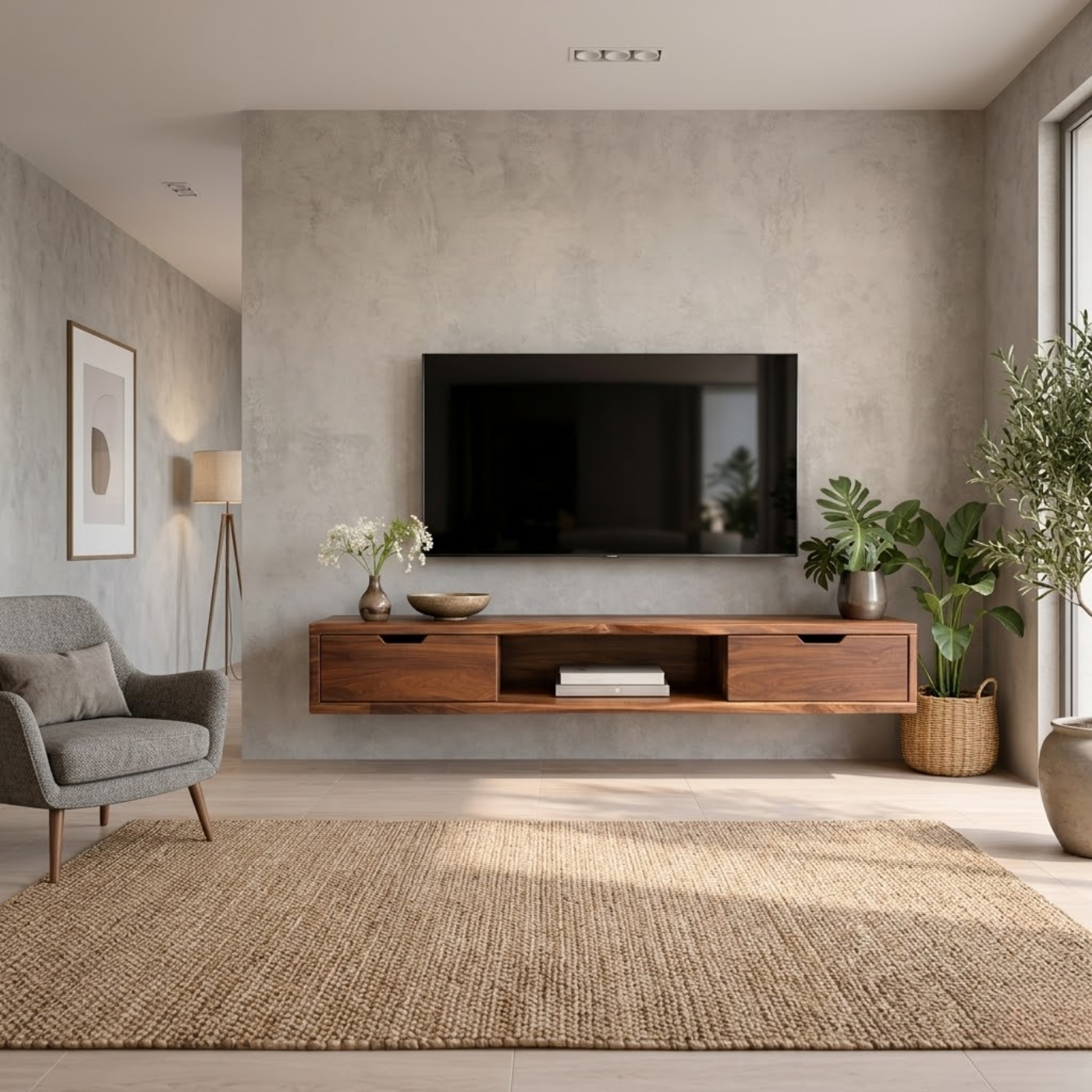 Floating Walnut Wood TV Stand with Drawers and Open Media Shelf