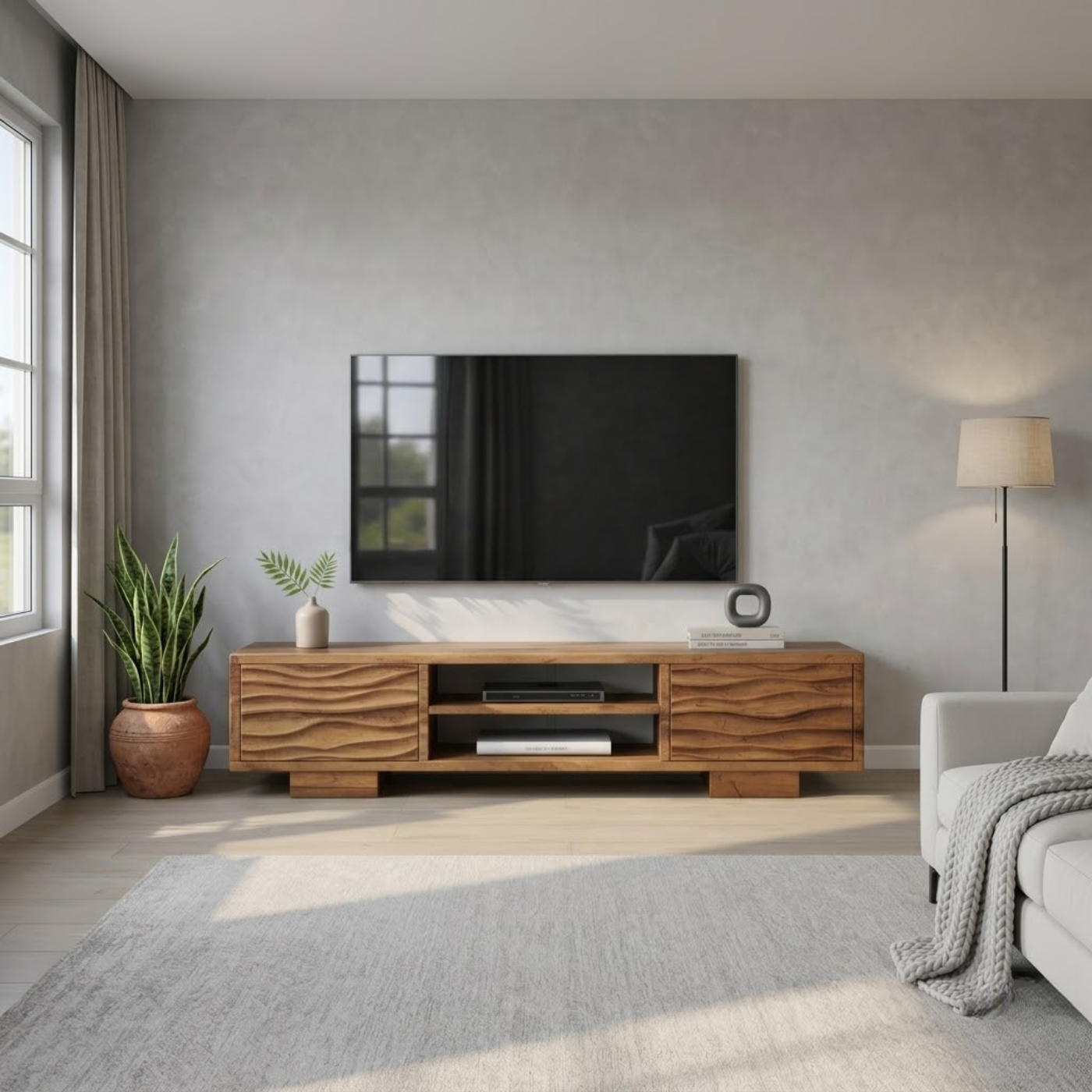 Modern Solid Wood TV Stand with Wave Front Drawers and Open Media Shelf