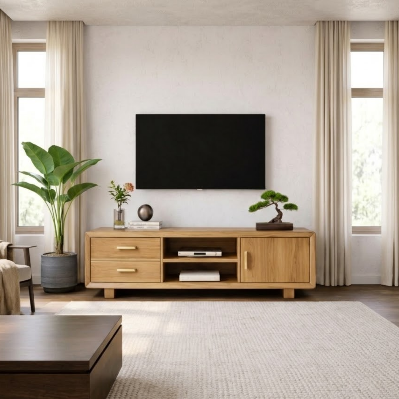 Modern Soild Wood TV Stand with Drawers, Cabinet Door, and Open Media Shelves