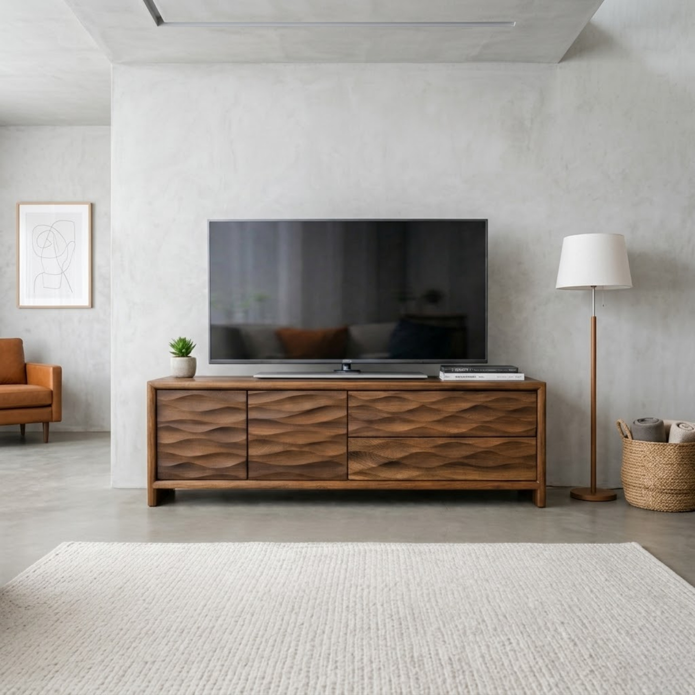 Modern Soild Wood TV Stand with Textured Wave Cabinet Doors and Storage Drawers
