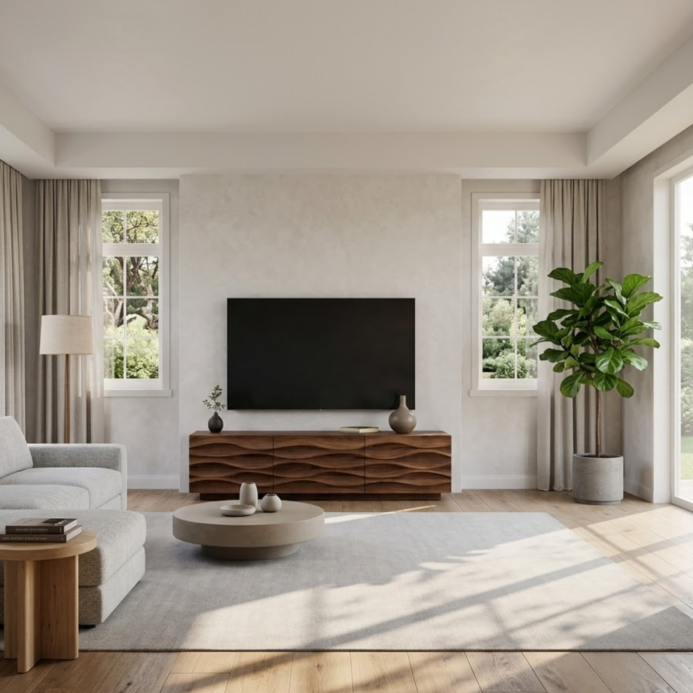 Modern Solid Wood TV Stand with Wave Front Design, Walnut Finish Media Console Cabinet