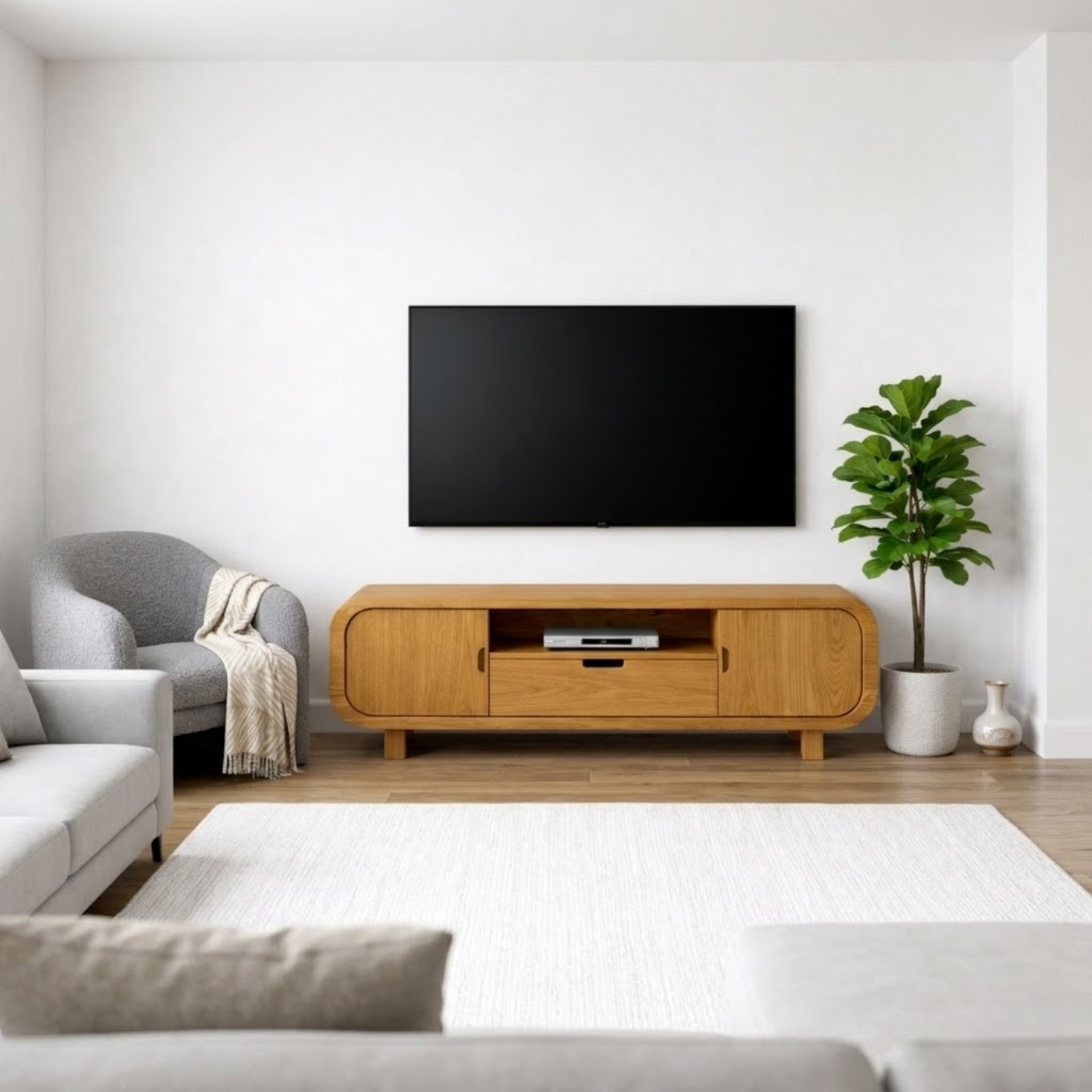Modern Solid Oak TV Stand with Cabinet Doors and Drawer, Wooden Media Console for Living Room
