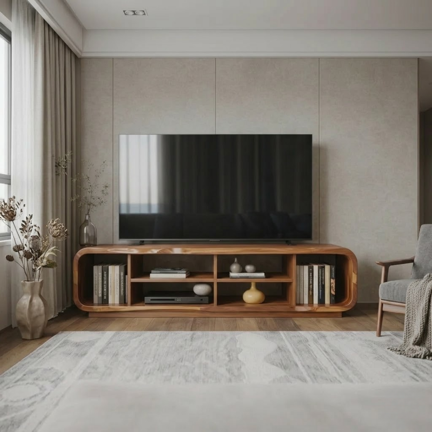 Modern Solid Wood TV Stand with Open Shelf Storage, Walnut Media Console for Living Room