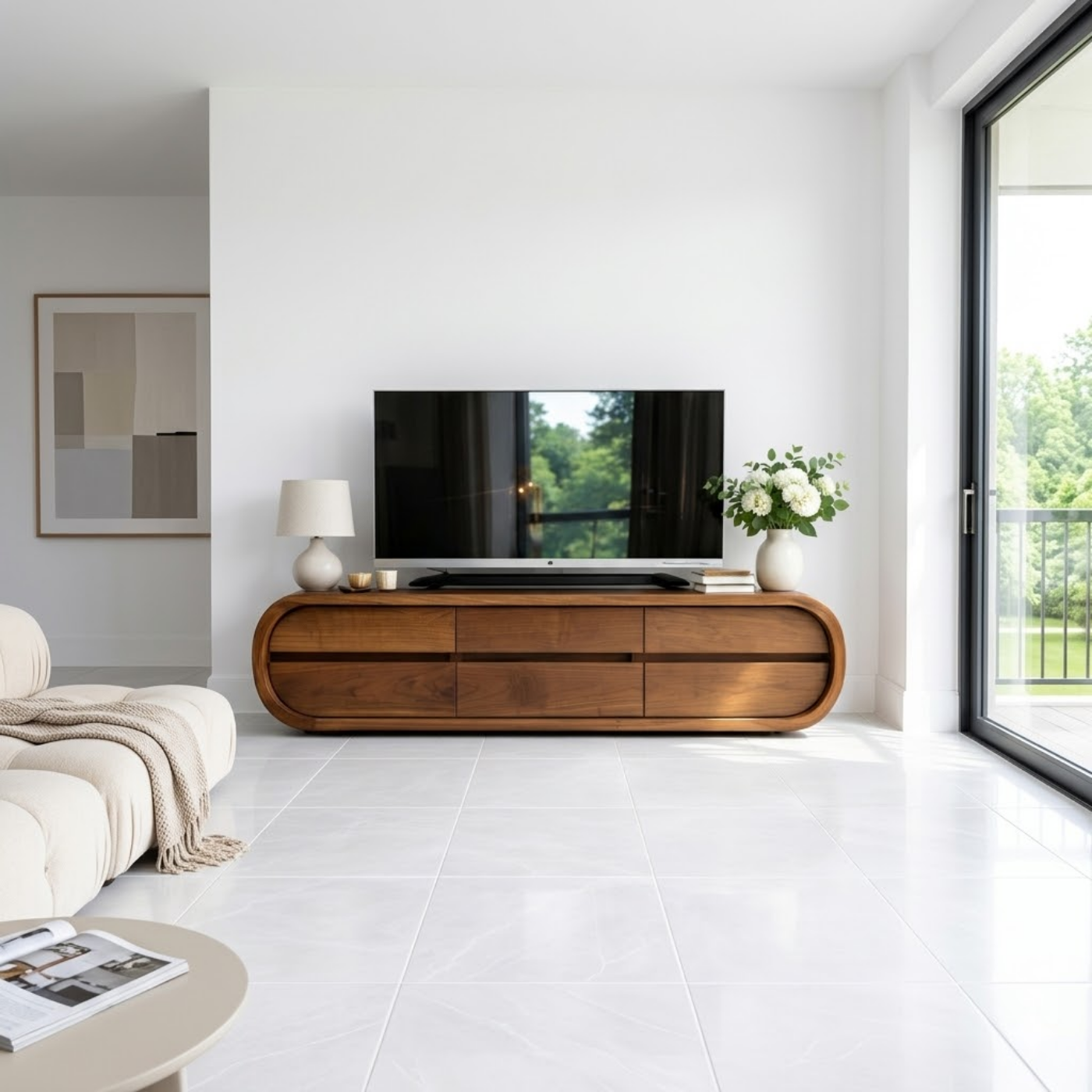 Solid Wood TV Stand with Drawers, Curved Modern Media Console Cabinet for Living Room