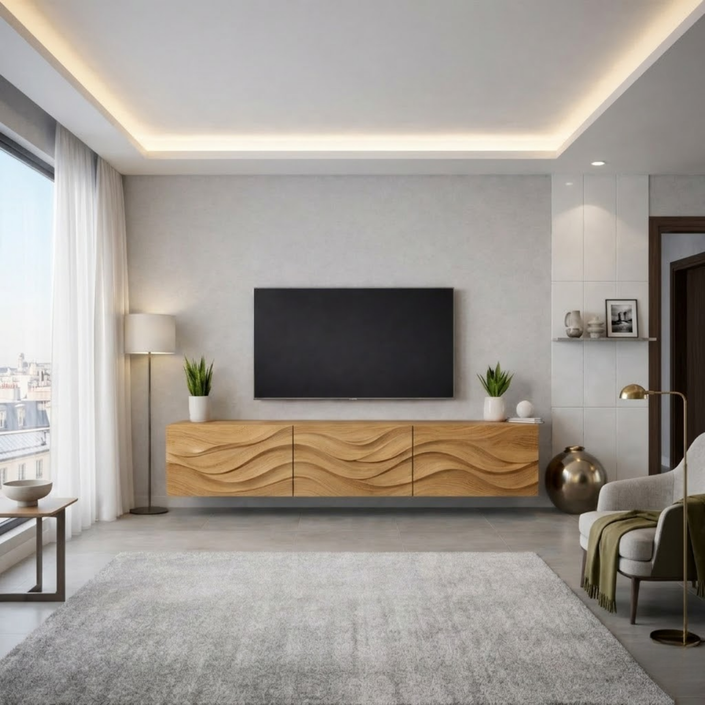 Wave Carved Solid Oak TV Stand with Modern Design, Stylish Media Console for Living Room