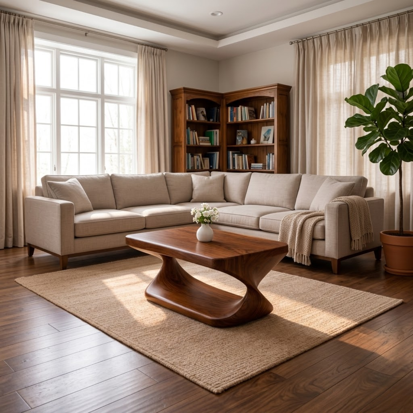 Modern Solid Wood Coffee Table with Sculptural Curved Base and Rectangular Wood Top