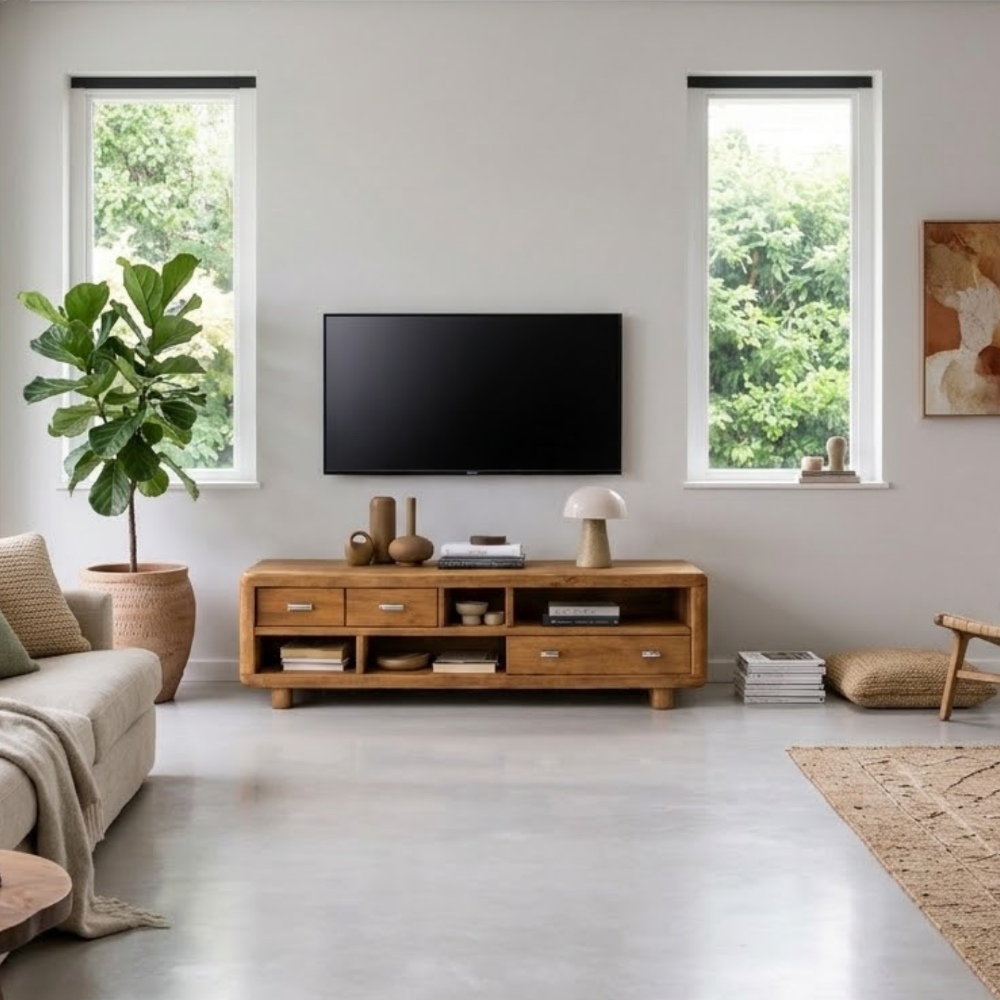 Solid Wood TV Stand with Drawers and Open Shelves Rustic Oak Media Console for Living Room