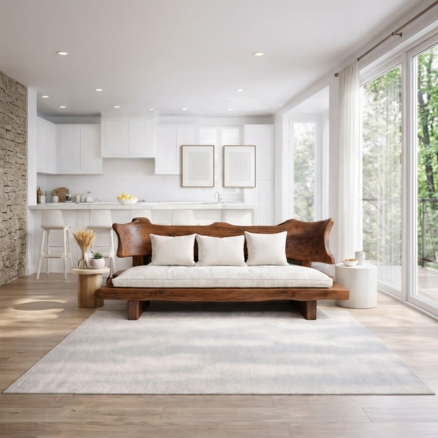 Live Edge Solid Wood Sofa Rustic Natural Wood Couch Handmade Organic Living Room Sofa