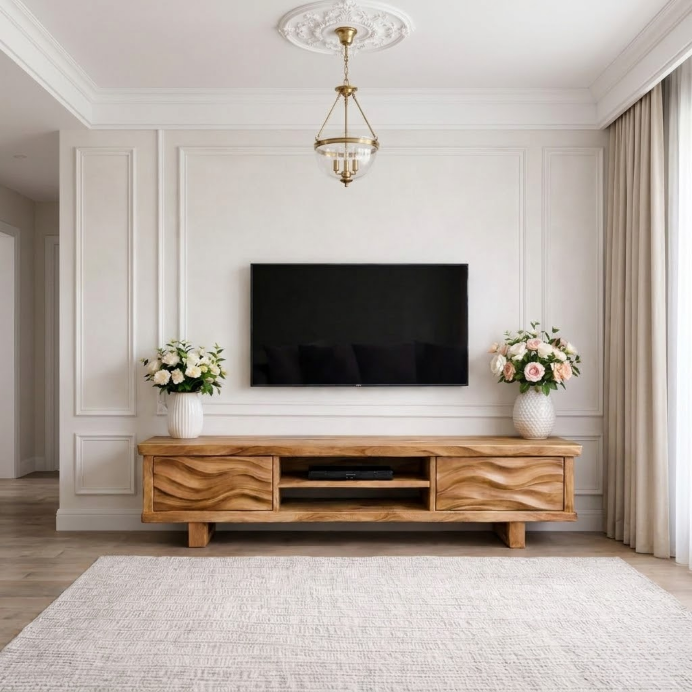 Solid Wood TV Stand with Wave Pattern Doors Modern Wooden Media Console for Living Room