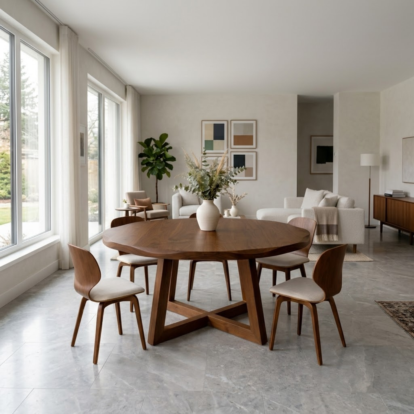 Round Solid Wood Dining Table for Dining Room with Sculptural Pedestal Base