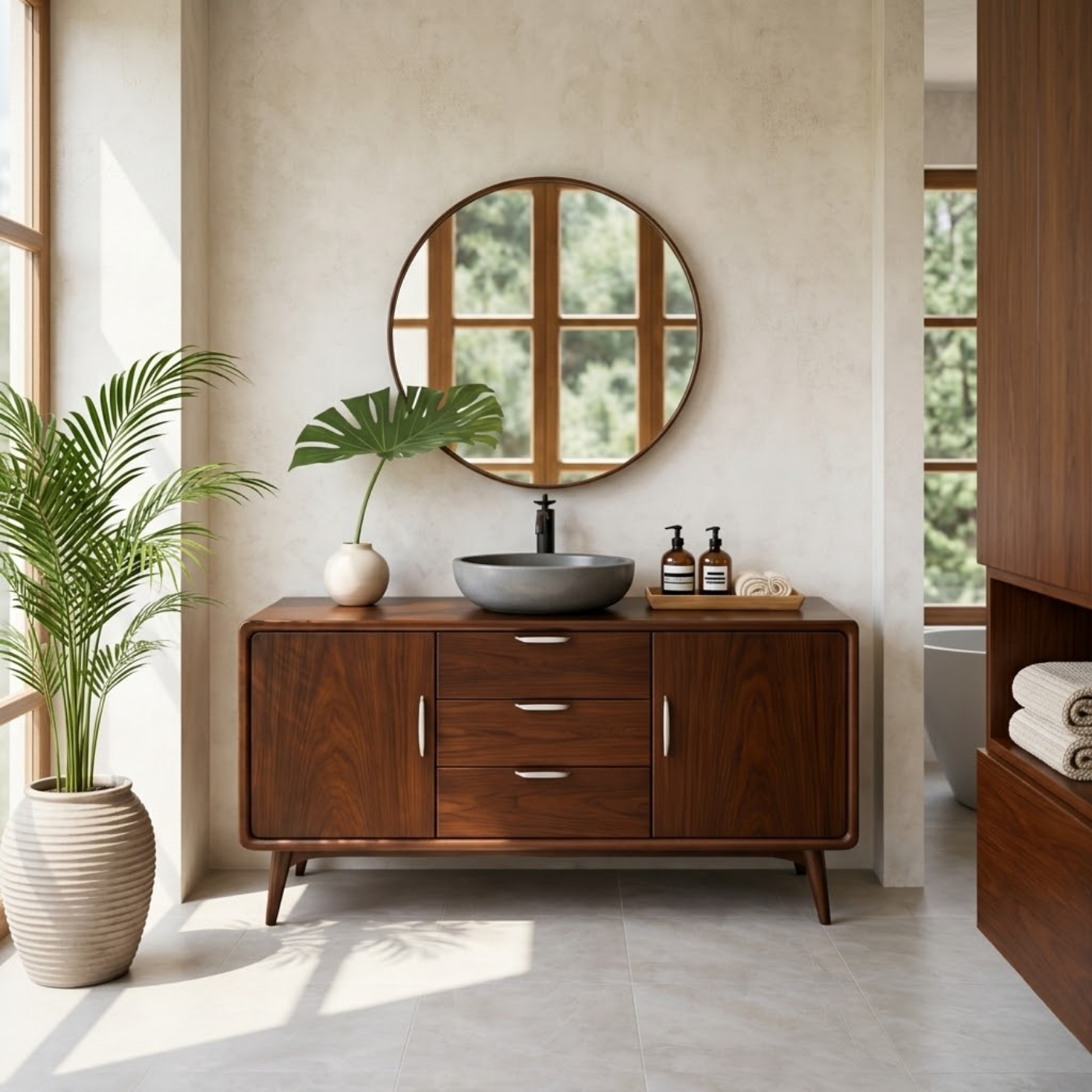 Mid Century Solid Wood Bathroom Vanity with Drawer Storage and Cabinet Doors