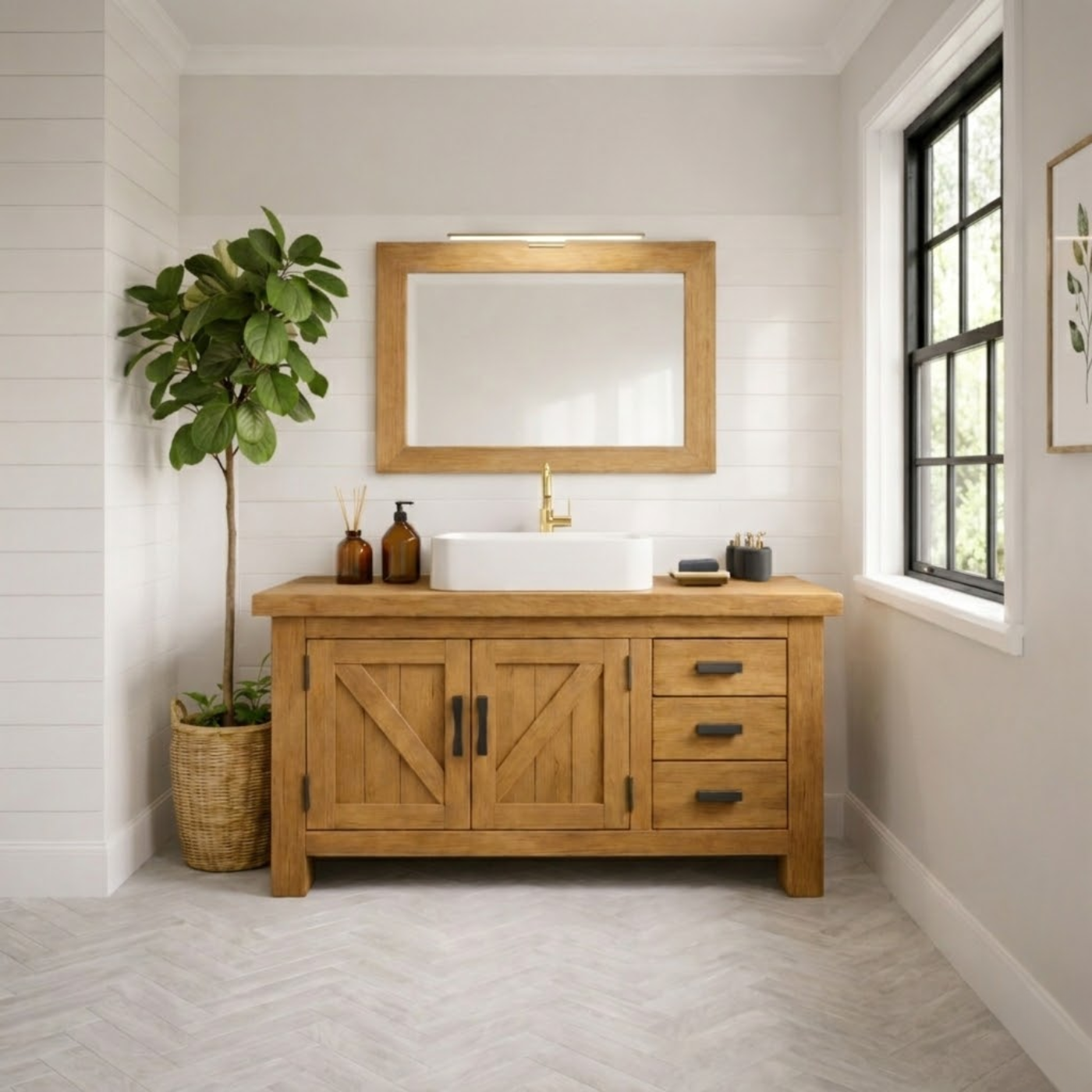 Rustic Farmhouse Solid Wood Bathroom Vanity with Double Barn Doors and Three Side Drawers