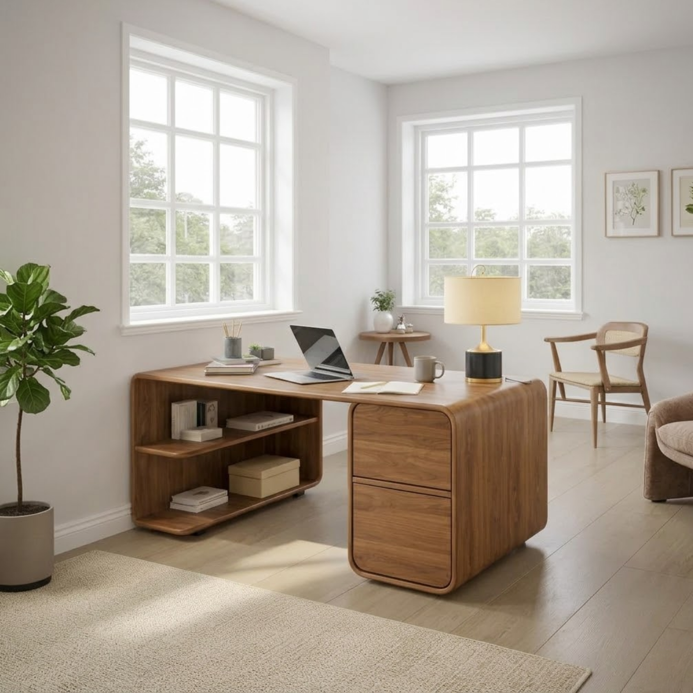 Modern L-Shaped Solid Wood Desk with Curved Silhouette and Integrated Storage
