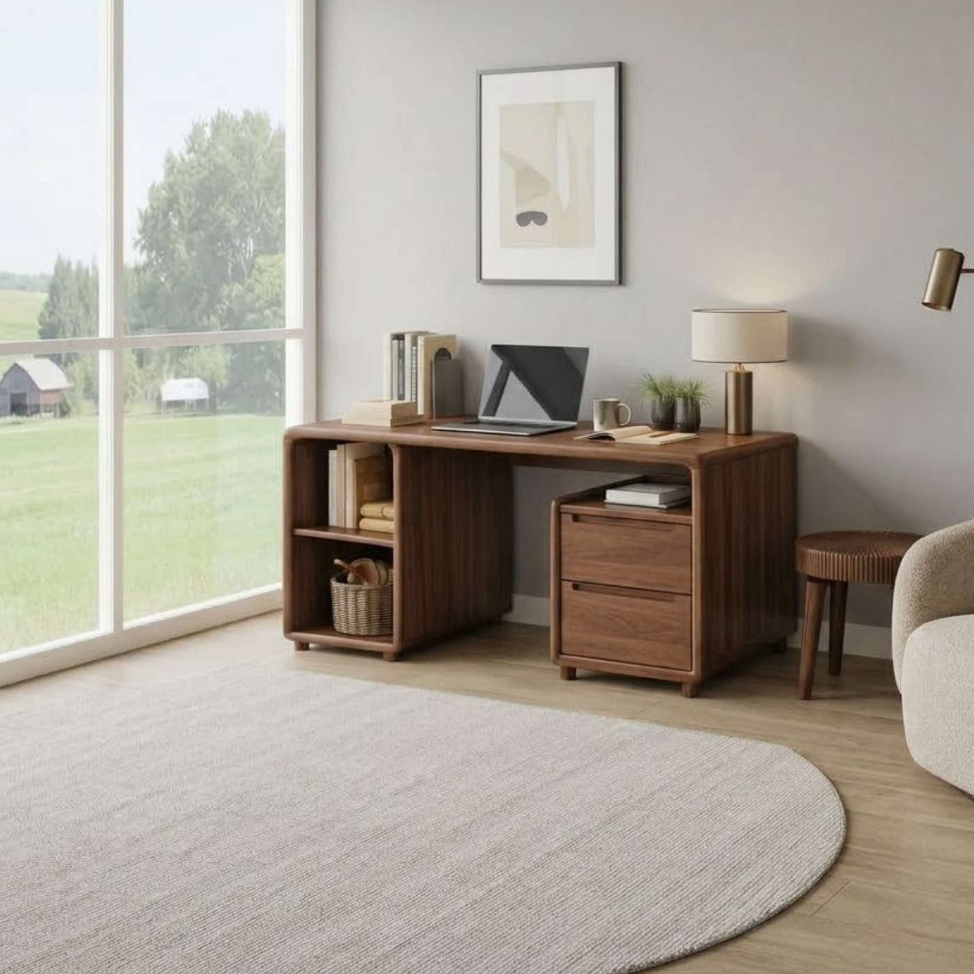 Modern Solid Wood Desk with Curved Edges and Integrated Storage Drawers