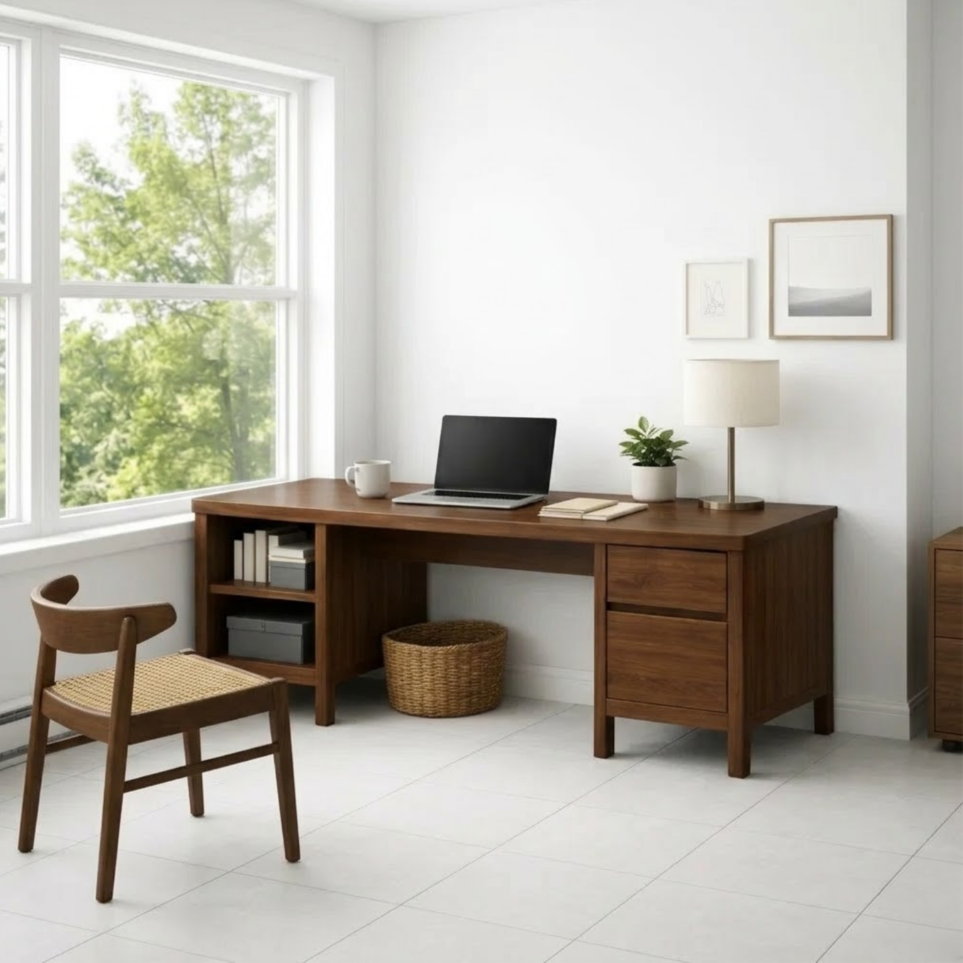 Solid Wood Executive Desk with Integrated Storage Drawers and Open Shelving