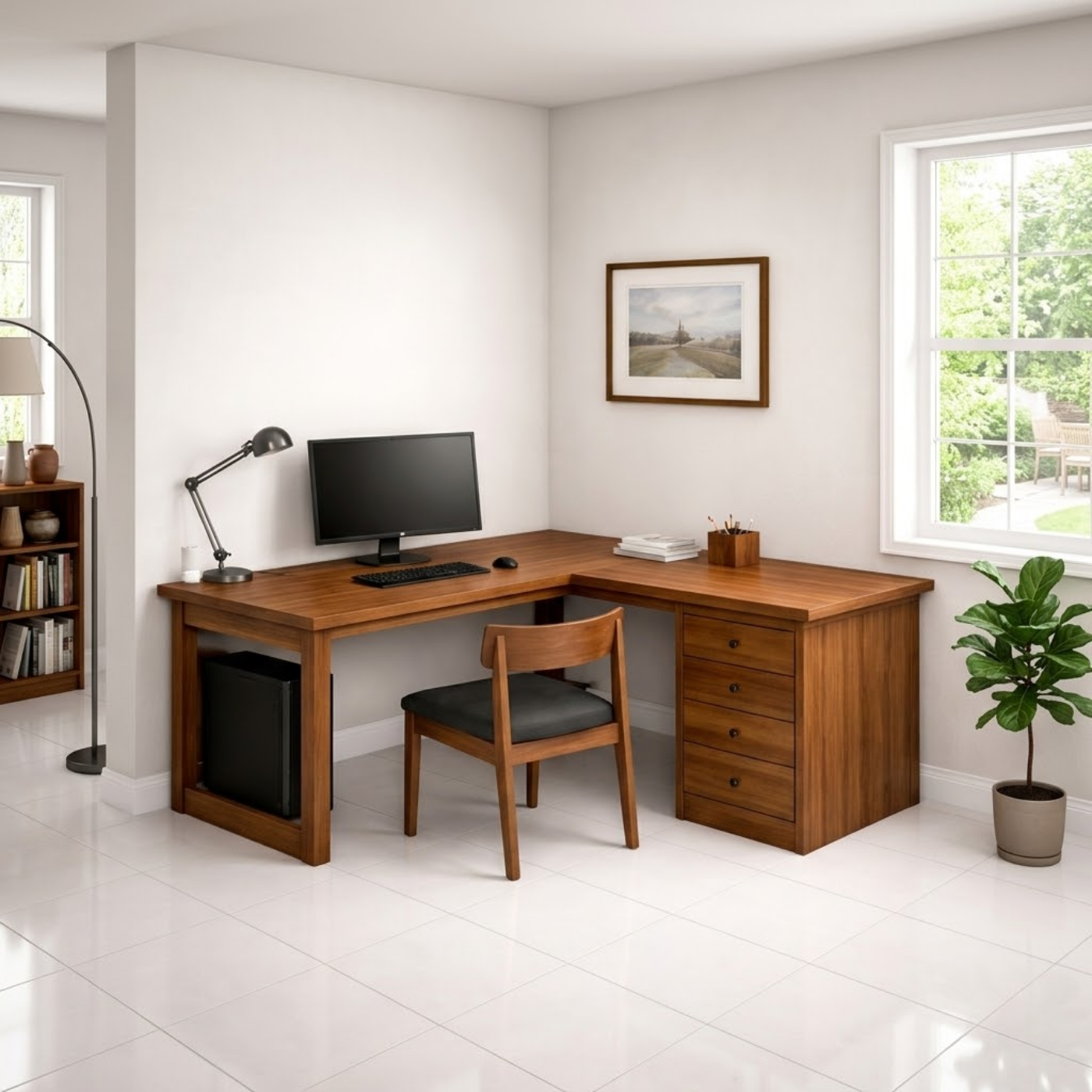L-Shaped Solid Wood Executive Corner Desk with Storage Drawers