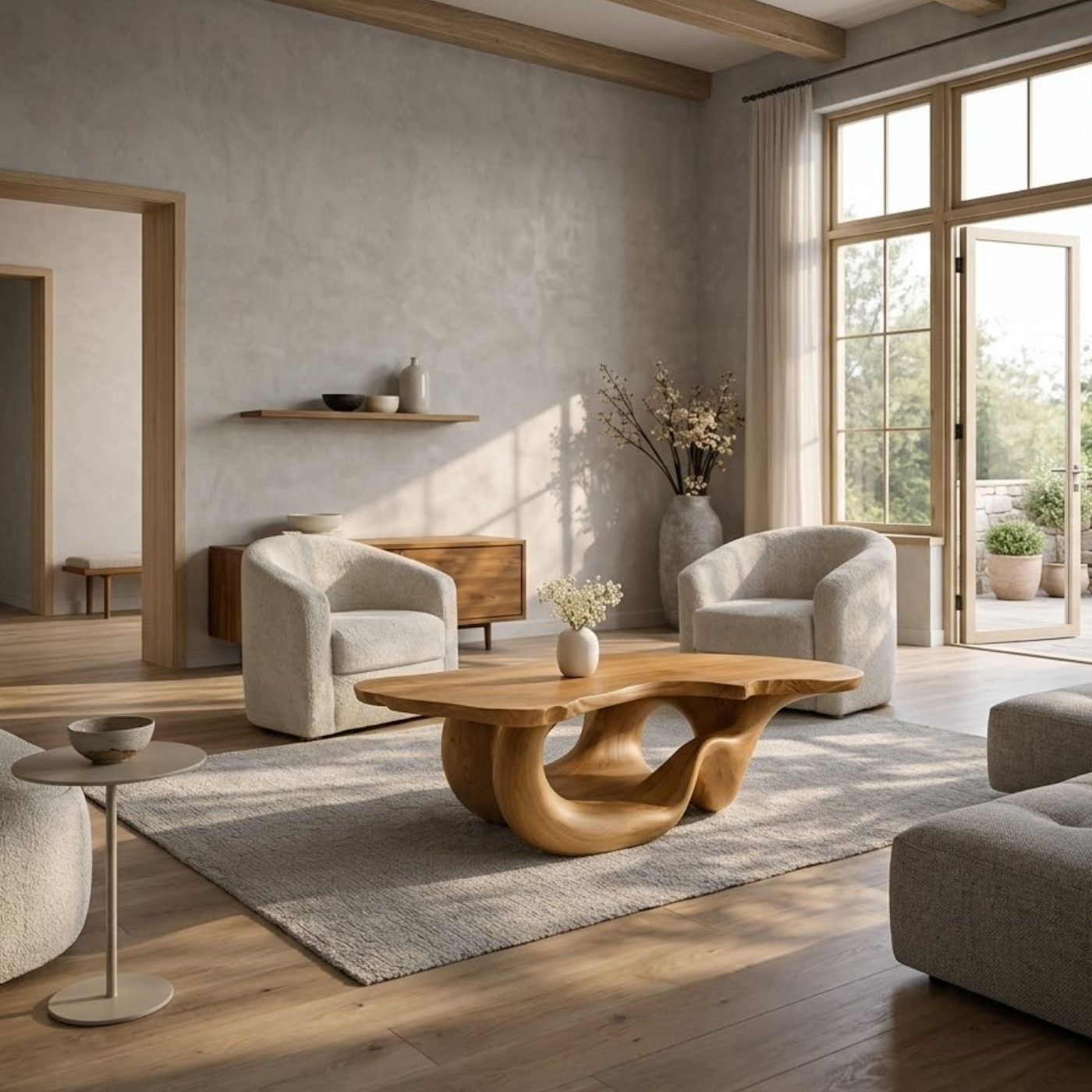 Solid Wood Live Edge Coffee Table for Modern Living Space with Sculptural Base