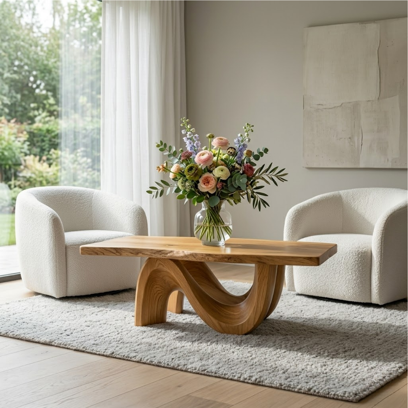 Solid Wood Coffee Table for Modern Living Room with Sculptural Curved Base