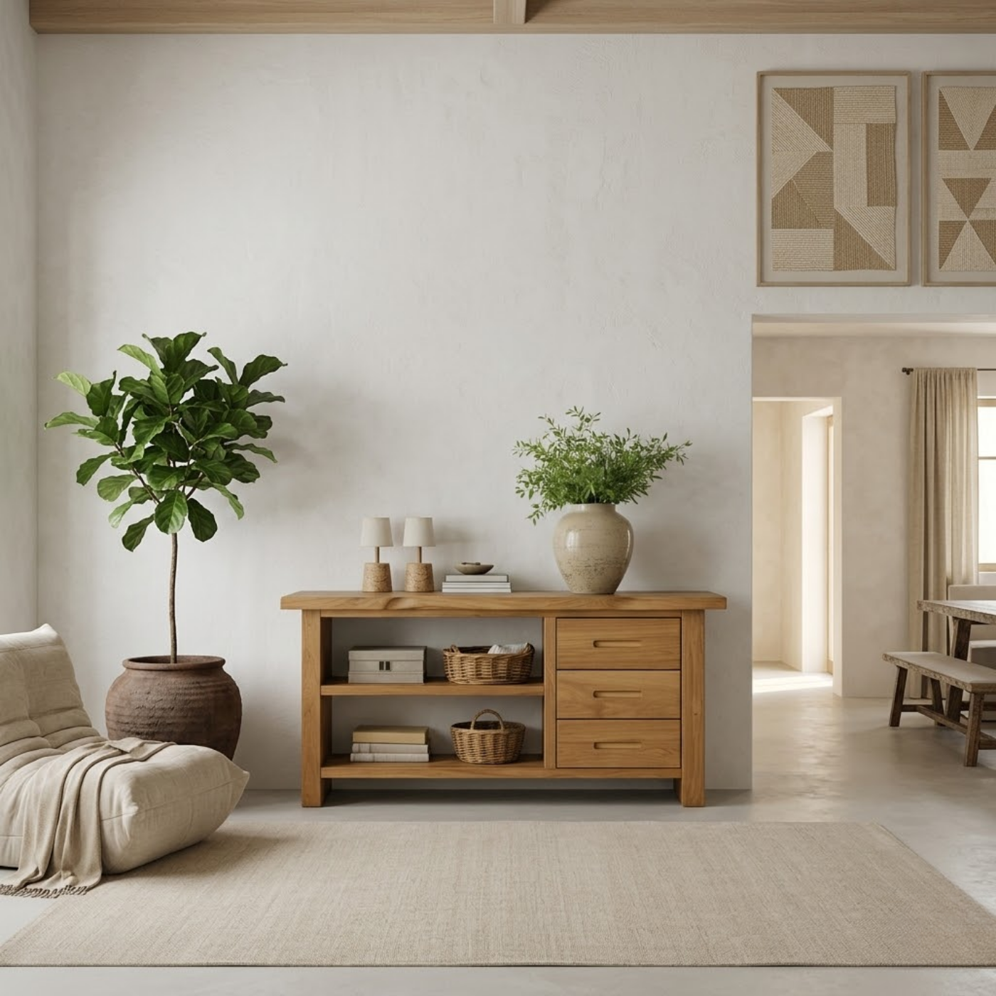 Solid Wood Console Table for Living Room with Open Shelves and Drawers
