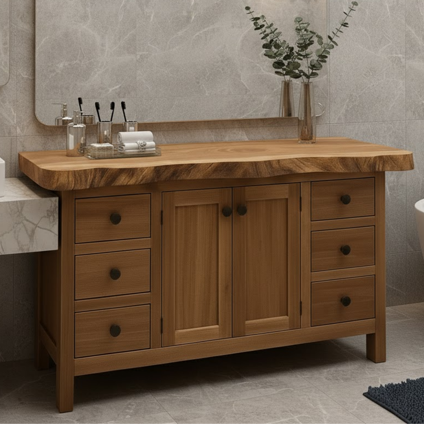 Solid Wood Bathroom Vanity with Live Edge Top and Ample Storage